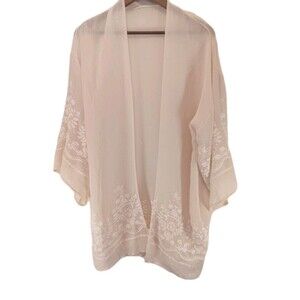 Boho Cream Embroidered Sheer Kimono Cardigan Cover Up One Size (Fits M/L)